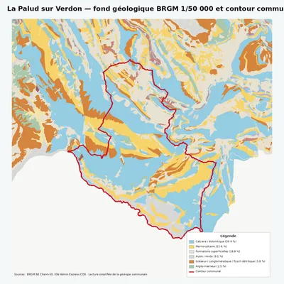 Carte géologique BRGM de La Palud sur Verdon avec contour communal