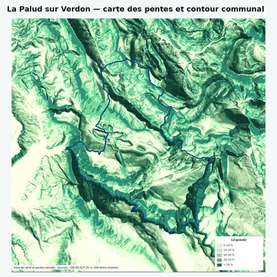 Carte des pentes de La Palud sur Verdon avec contour communal