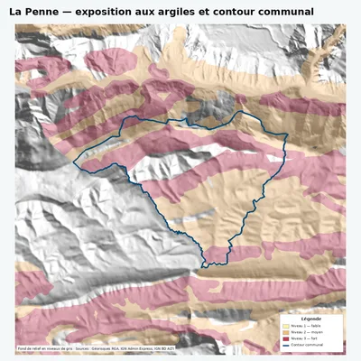 Carte argiles RGA de La Penne avec contour communal