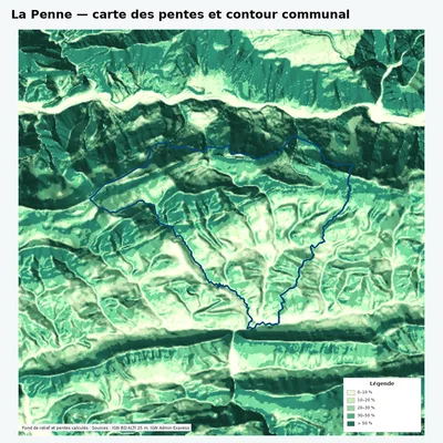 Carte des pentes de La Penne avec contour communal