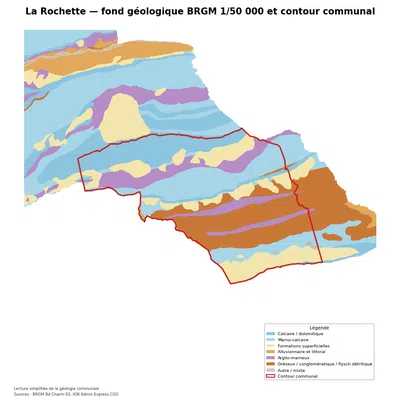 Carte géologique BRGM de La Rochette avec contour communal