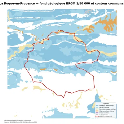 Carte géologique BRGM de La Roque-en-Provence avec contour communal