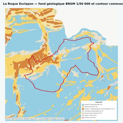 Carte géologique BRGM de La Roque Esclapon avec contour communal