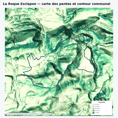 Carte des pentes de La Roque Esclapon avec contour communal