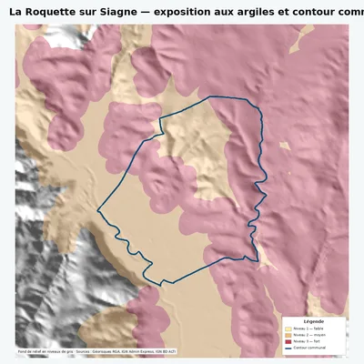 Carte argiles RGA de La Roquette sur Siagne avec contour communal