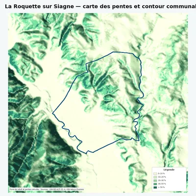 Carte des pentes de La Roquette sur Siagne avec contour communal