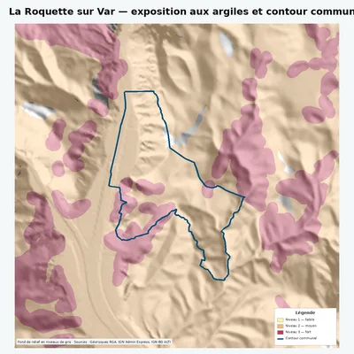Carte argiles RGA de La Roquette sur Var avec contour communal