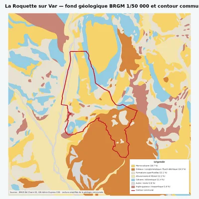 Carte géologique BRGM de La Roquette sur Var avec contour communal