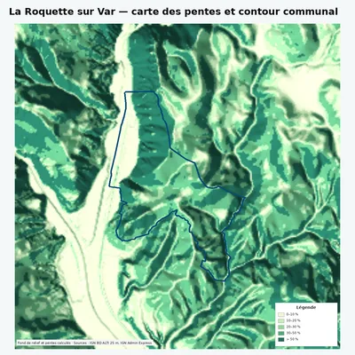 Carte des pentes de La Roquette sur Var avec contour communal