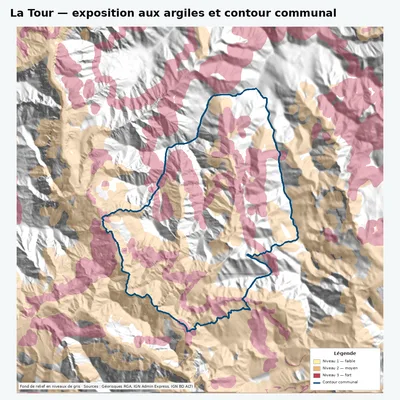 Carte argiles RGA de La Tour avec contour communal