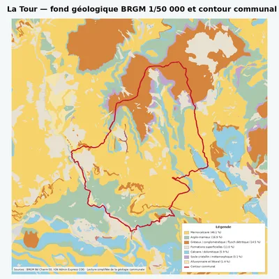 Carte géologique BRGM de La Tour avec contour communal