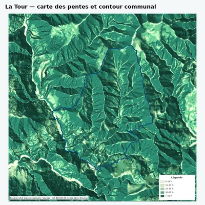 Carte des pentes de La Tour avec contour communal