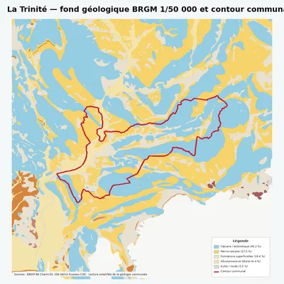 Carte géologique BRGM de La Trinité avec contour communal