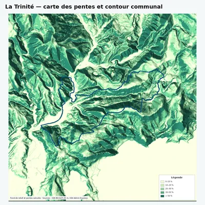 Carte des pentes de La Trinité avec contour communal