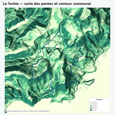 Carte des pentes de La Turbie avec contour communal