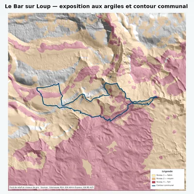 Carte argiles RGA de Le Bar sur Loup avec contour communal