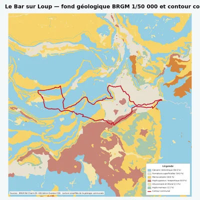 Carte géologique BRGM de Le Bar sur Loup avec contour communal