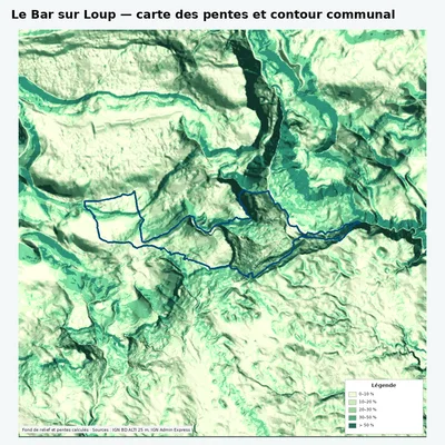 Carte des pentes de Le Bar sur Loup avec contour communal