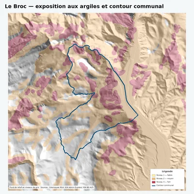 Carte argiles RGA de Le Broc avec contour communal