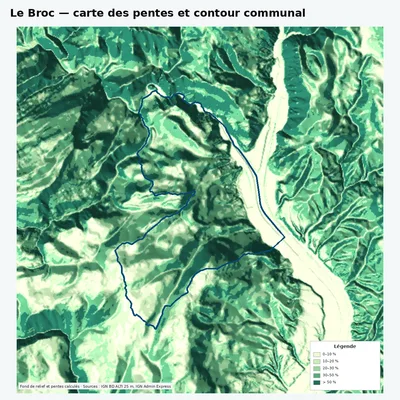 Carte des pentes de Le Broc avec contour communal