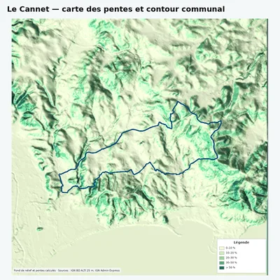 Carte des pentes de Le Cannet avec contour communal