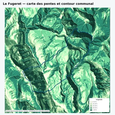 Carte des pentes de Le Fugeret avec contour communal