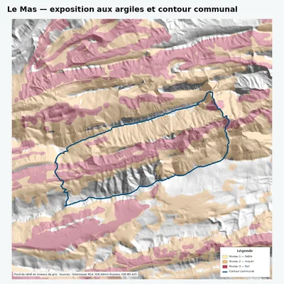 Carte argiles RGA de Le Mas avec contour communal
