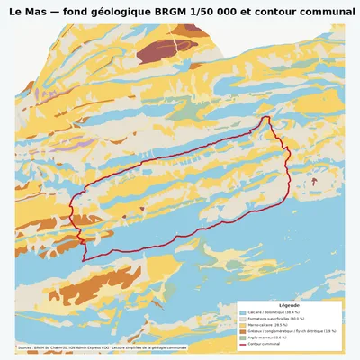 Carte géologique BRGM de Le Mas avec contour communal