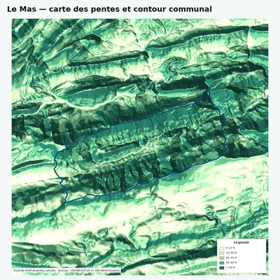 Carte des pentes de Le Mas avec contour communal