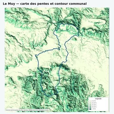 Carte des pentes de Le Muy avec contour communal