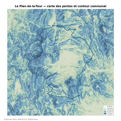 Carte des pentes sur la commune de Le Plan-de-la-Tour