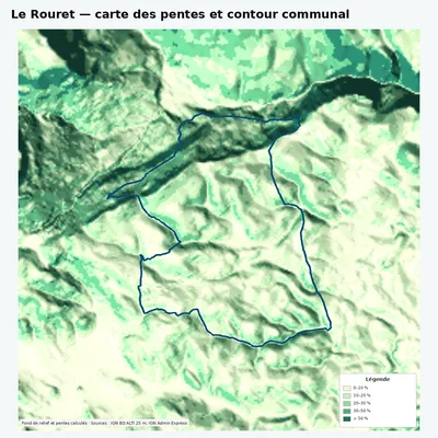 Carte des pentes de Le Rouret avec contour communal