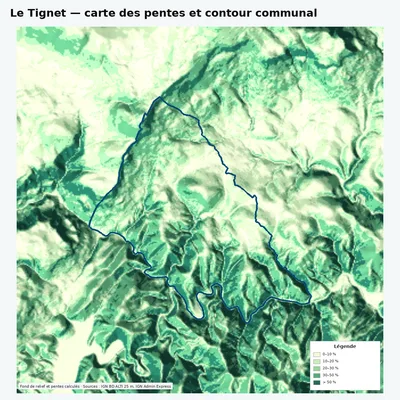 Carte des pentes de Le Tignet avec contour communal