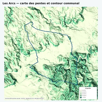 Carte des pentes de Les Arcs avec contour communal