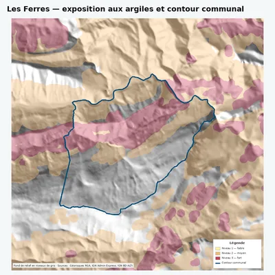 Carte argiles RGA de Les Ferres avec contour communal