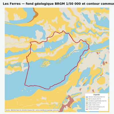 Carte géologique BRGM de Les Ferres avec contour communal