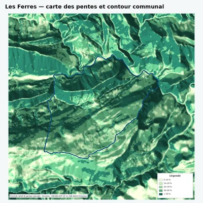 Carte des pentes de Les Ferres avec contour communal