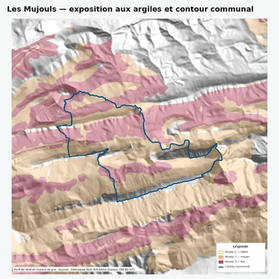 Carte argiles RGA de Les Mujouls avec contour communal