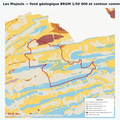 Carte géologique BRGM de Les Mujouls avec contour communal