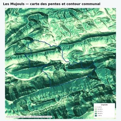 Carte des pentes de Les Mujouls avec contour communal