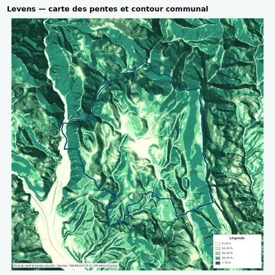 Carte des pentes de Levens avec contour communal