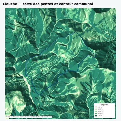 Carte des pentes de Lieuche avec contour communal