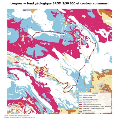 Carte géologique BRGM de Lorgues avec contour communal