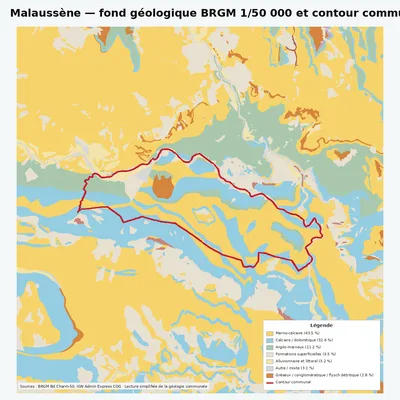 Carte géologique BRGM de Malaussène avec contour communal