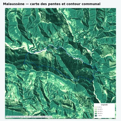 Carte des pentes de Malaussène avec contour communal