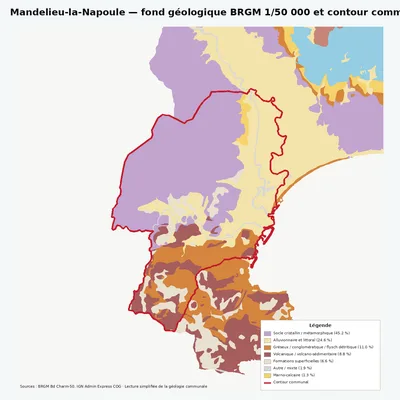 Carte géologique BRGM de Mandelieu-la-Napoule avec contour communal