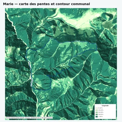 Carte des pentes de Marie avec contour communal