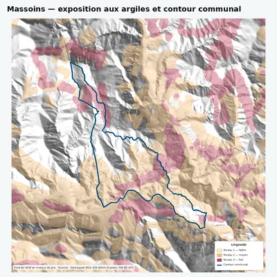 Carte argiles RGA de Massoins avec contour communal