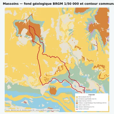 Carte géologique BRGM de Massoins avec contour communal
