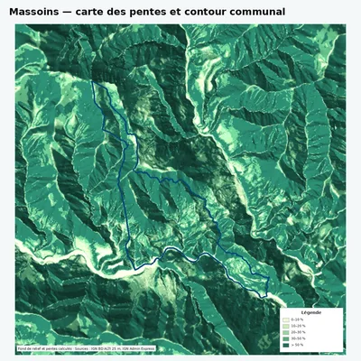 Carte des pentes de Massoins avec contour communal